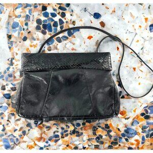 Vintage 80's Loredana Black Leather & Snakeskin Shoulder Bag Crossbody Handbag